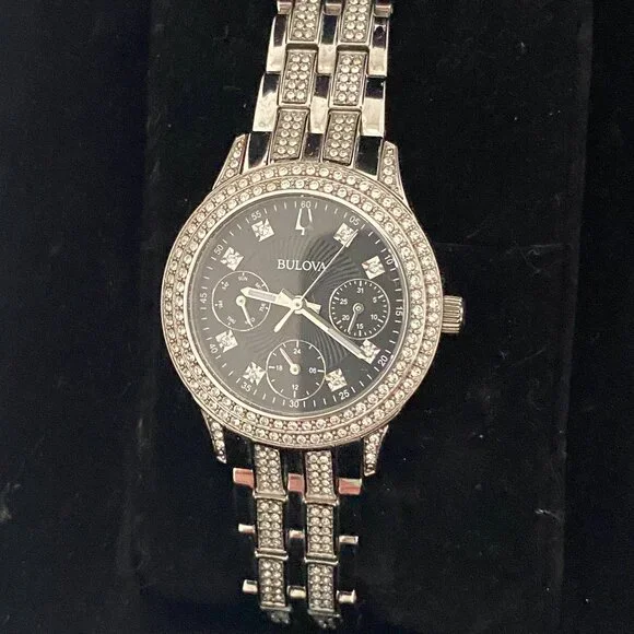 Ladies' Bulova Crystal Accent Watch with Black Dial (Model: 96N110)